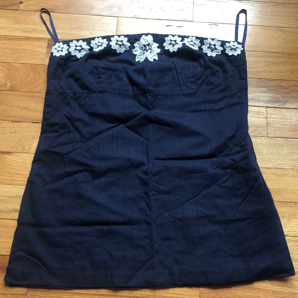 J. Crew strapless navy top with appliqué flowers